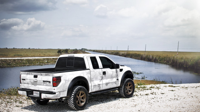 White truck river grass cloudy free wallpaper for desktop - medium preview image