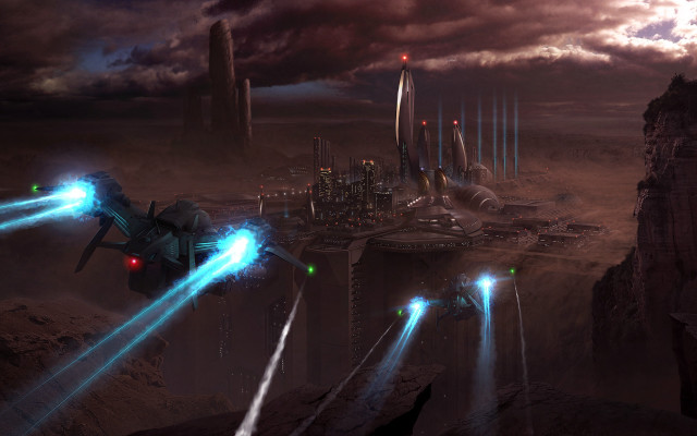 Futuristic city spaceship blue lights free wallpaper for desktop - medium preview image