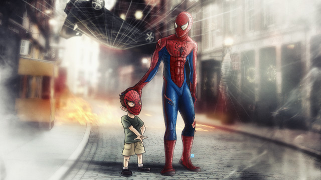 Spiderman littleboy street building rain free wallpaper for desktop - medium preview image