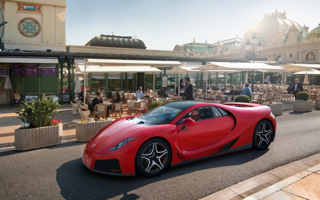 Red sports car restaurant cafe free wallpaper for desktop - medium preview image