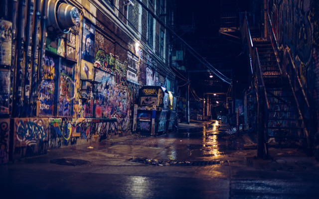Dark alley graffiti firehydrant cityscape free wallpaper for desktop - medium preview image