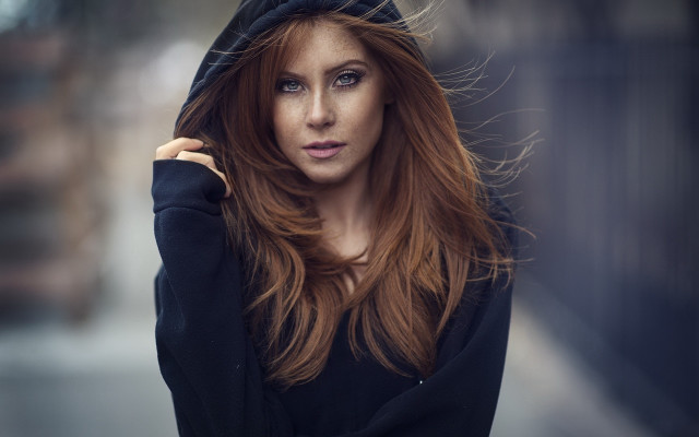 Woman hooded blonde portrait blurry free wallpaper for desktop - medium preview image