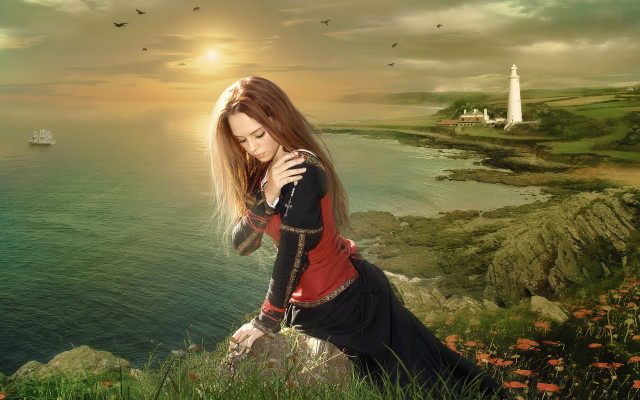 Woman red dress cliff ocean #2 free wallpaper for desktop - medium preview image