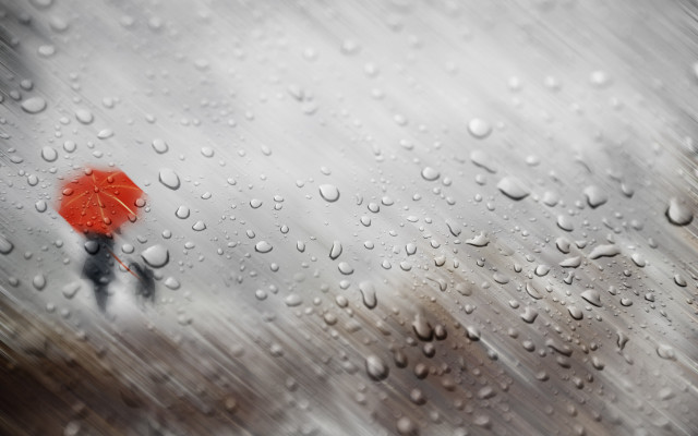 Rainy day red umbrella photorealism free wallpaper for desktop - medium preview image