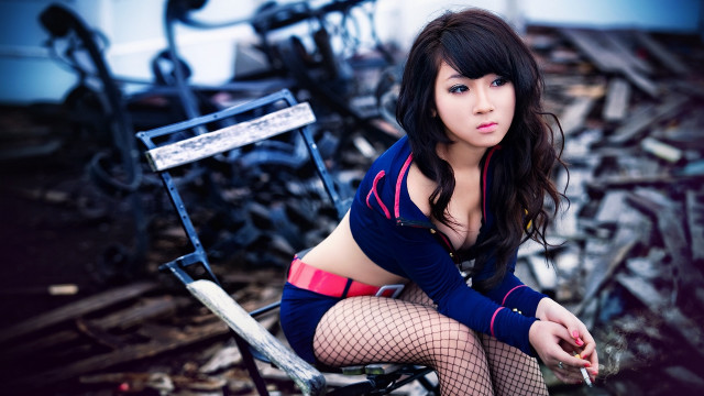 Woman blue junkyard broken bike free wallpaper for desktop - medium preview image