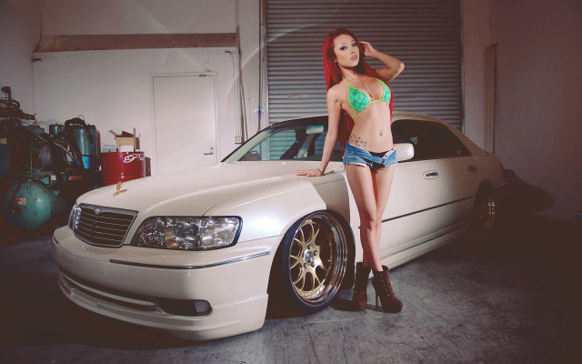 Woman bikini whitecar garage redhair free wallpaper for desktop - medium preview image