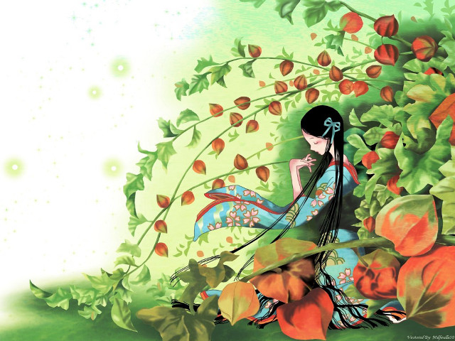 Woman flower ground tree red free wallpaper for desktop - medium preview image