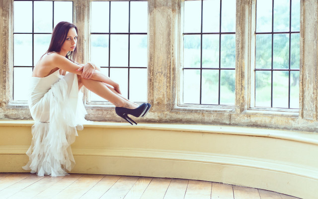 Woman dress window sill blue free wallpaper for desktop - medium preview image