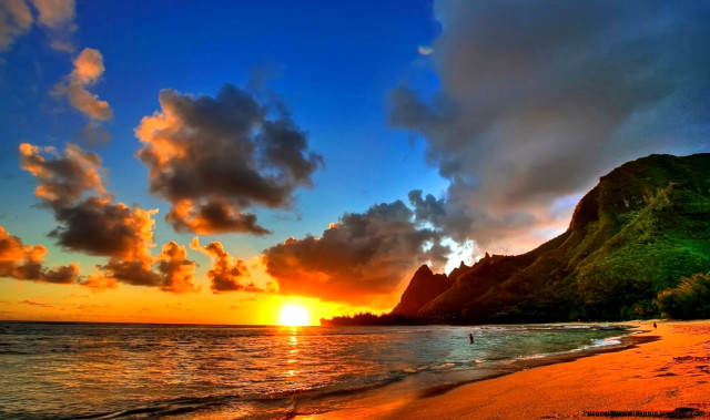 Sunset beach mountain clouds person free wallpaper for desktop - medium preview image