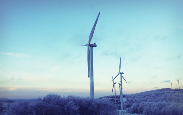 Wind turbines hill trees blue free wallpaper for desktop - medium preview image