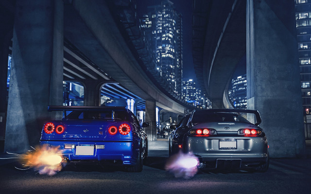 Two cars city street night free wallpaper for desktop - medium preview image