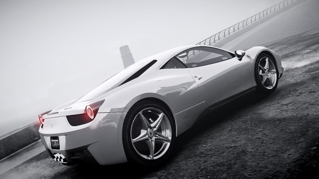 White sports car ocean foggy free wallpaper for desktop - medium preview image