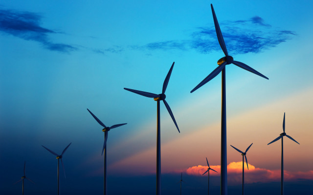 Wind turbines field sunset blue free wallpaper for desktop - medium preview image