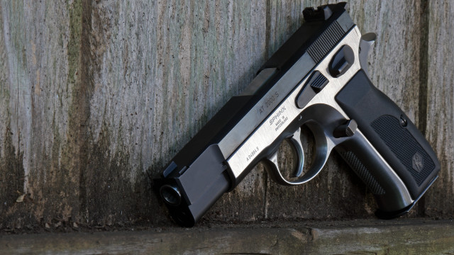 Gun wall wooden plank metal free wallpaper for desktop - medium preview image