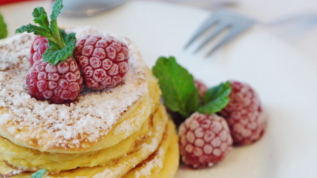 Pancakes raspberries powdered sugar flower free wallpaper for desktop - medium preview image