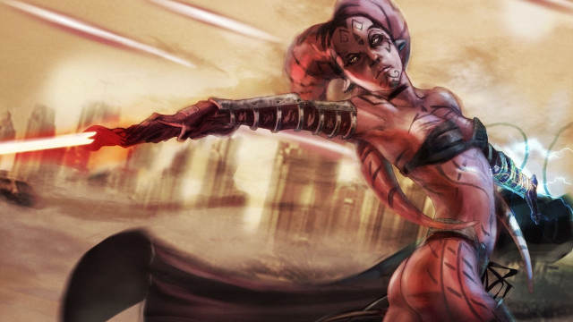 Futuristic woman gun lightsaber city free wallpaper for desktop - medium preview image