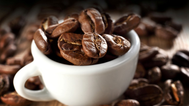 White cup coffee beans wooden free wallpaper for desktop - medium preview image