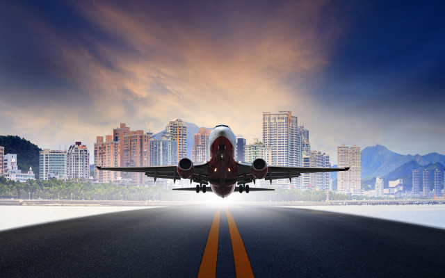 Jetliner cityscape sunset matte painting free wallpaper for desktop - medium preview image