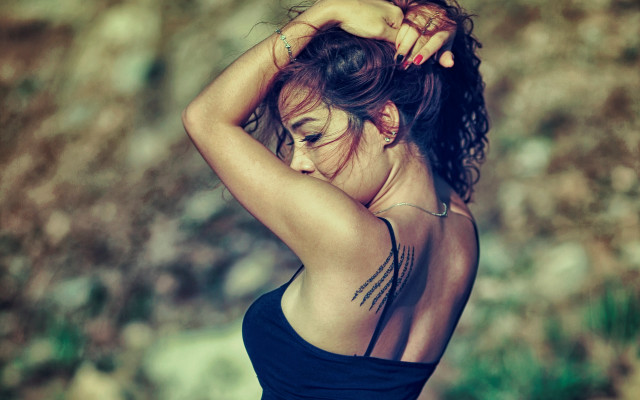 Woman tattoo field bokeh outdoors free wallpaper for desktop - medium preview image