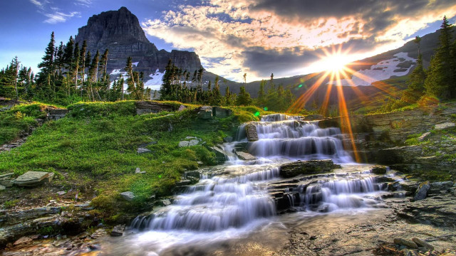 Waterfall mountain sunshine nature landscape free wallpaper for desktop - medium preview image