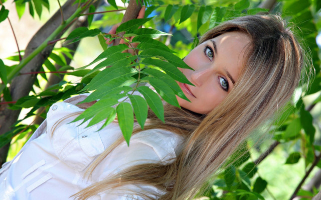 Woman blowing hair tree portrait free wallpaper for desktop - medium preview image