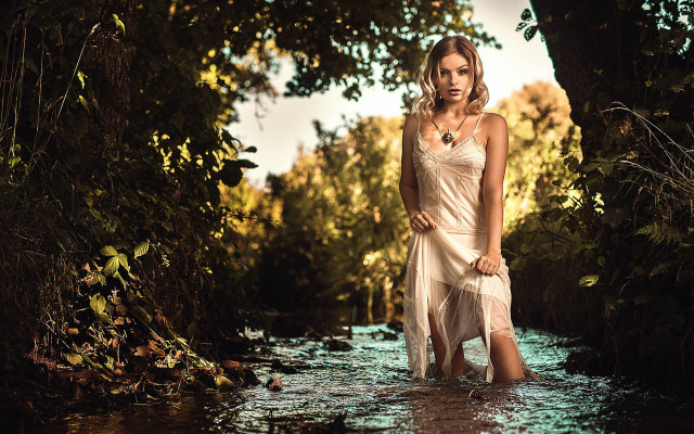 Woman white dress forest water free wallpaper for desktop - medium preview image