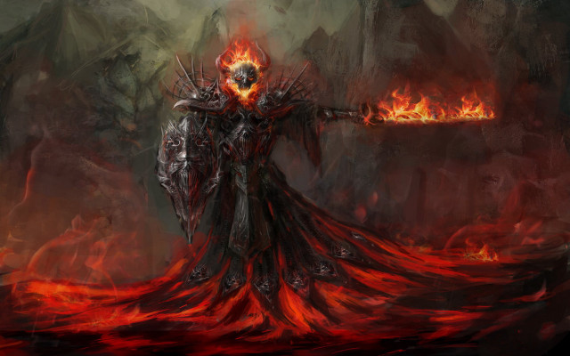 Demonic fantasy warrior flaming sword free wallpaper for desktop - medium preview image