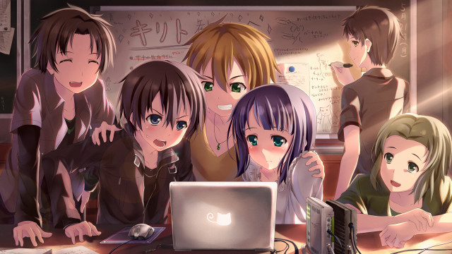 Group people laptop whiteboard anime free wallpaper for desktop - medium preview image