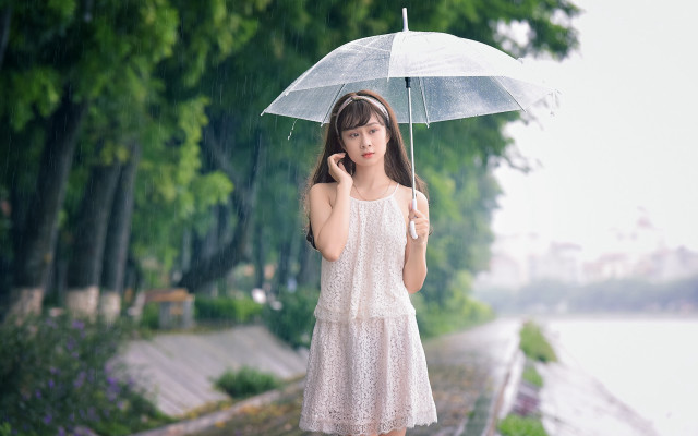 Woman white dress umbrella rain free wallpaper for desktop - medium preview image