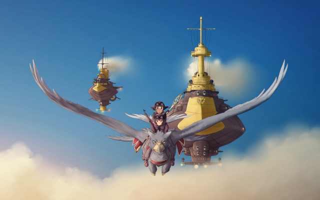 Birds clocktower fantasy matte ghibli free wallpaper for desktop - medium preview image