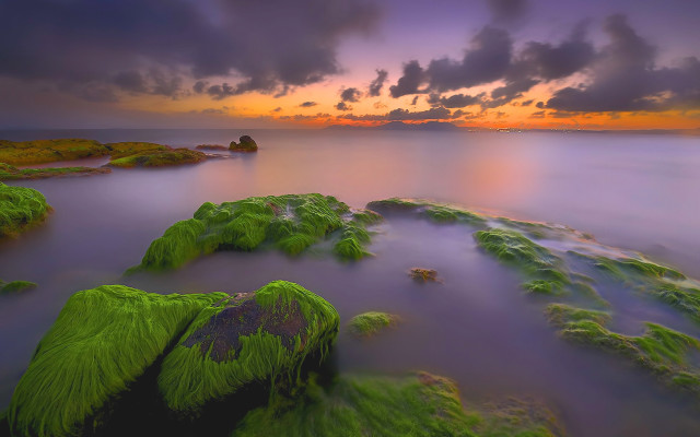 Sunset water mossy rocks mystical free wallpaper for desktop - medium preview image