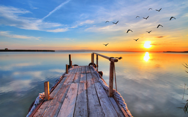 Dusk dawn lake dock birds free wallpaper for desktop - medium preview image