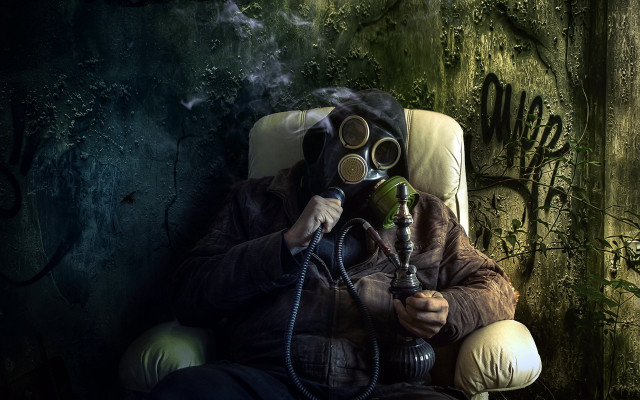 Man gasmask chair cigarette pipe free wallpaper for desktop - medium preview image
