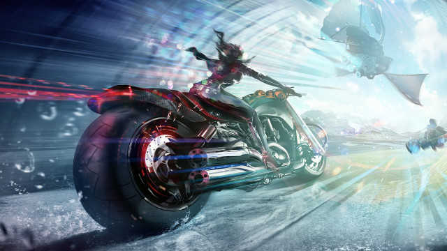 Futuristic motorcycle woman shark ocean free wallpaper for desktop - medium preview image