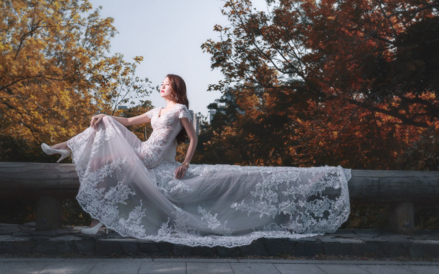 Woman white dress park autumn free wallpaper for desktop - medium preview image