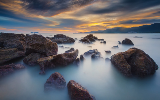 Mystical rocks sunset mountain reflection free wallpaper for desktop - medium preview image