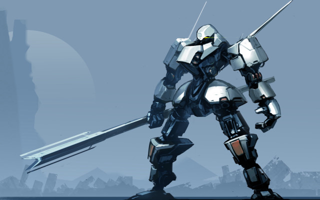 Robot sword mountain city blue free wallpaper for desktop - medium preview image