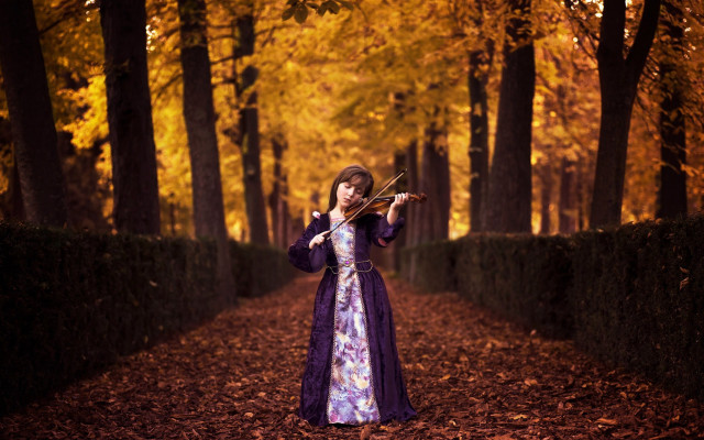 Woman purple dress violin forest free wallpaper for desktop - medium preview image