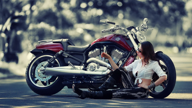 Woman motorcycle street trees blurry free wallpaper for desktop - medium preview image