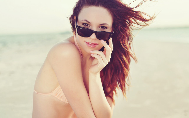 Beach bikini woman sunglasses cellphone free wallpaper for desktop - medium preview image