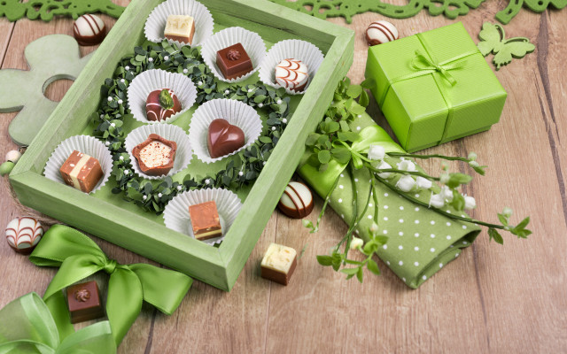 Green box chocolates wooden table free wallpaper for desktop - medium preview image