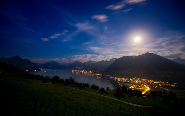 Full moon lake mountains cityscape free wallpaper for desktop - medium preview image