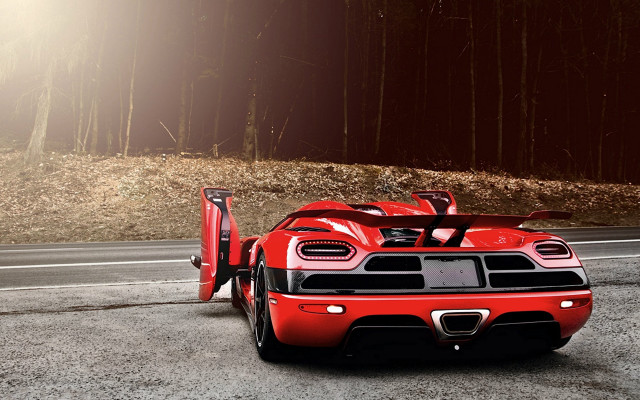 Red sports car forest tall free wallpaper for desktop - medium preview image