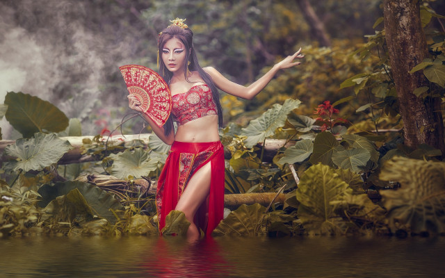 Woman red skirt holding fan free wallpaper for desktop - medium preview image