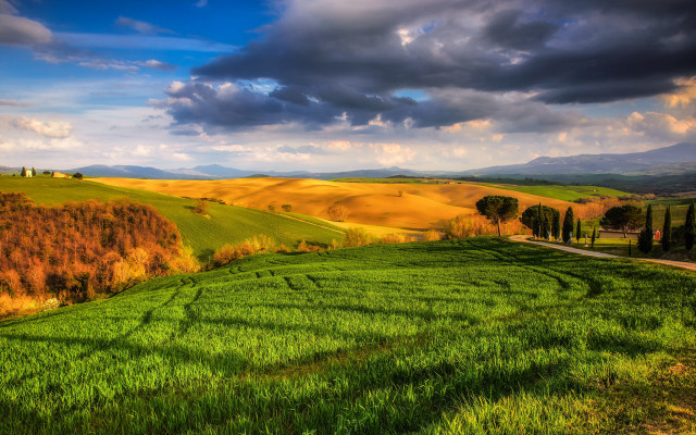 Green field road clouds mountains free wallpaper for desktop - medium preview image