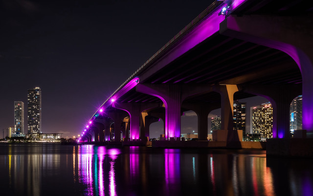 Bridge purple lights cityscape night free wallpaper for desktop - medium preview image