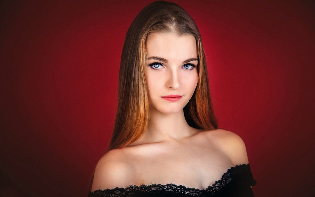 Elina karimova blueeyes blackdress redbackground free wallpaper for desktop - medium preview image