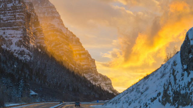 Mountain road sunset car forest free wallpaper for desktop - medium preview image