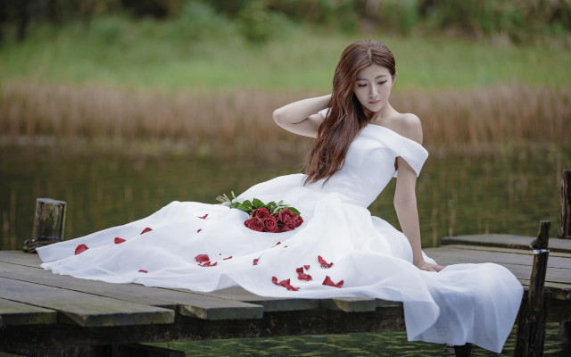Woman white dress dock strawberries free wallpaper for desktop - medium preview image