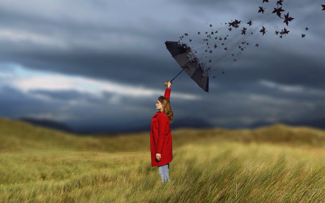 Woman red coat umbrella field free wallpaper for desktop - medium preview image